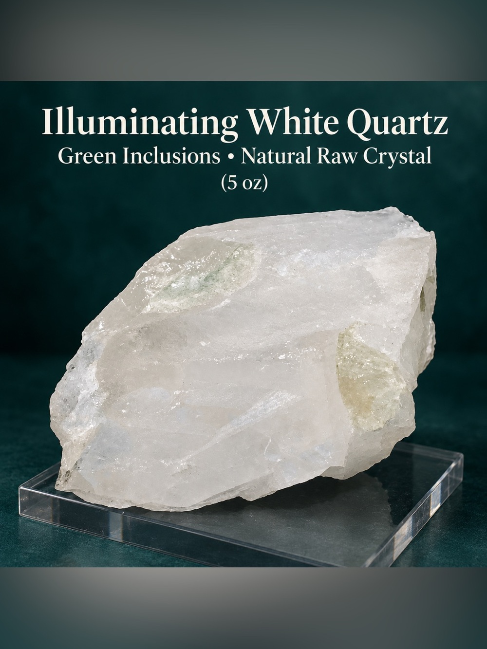 5 oz Illuminating White Quartz w/ Green Inclusions – Natural Raw Crystal